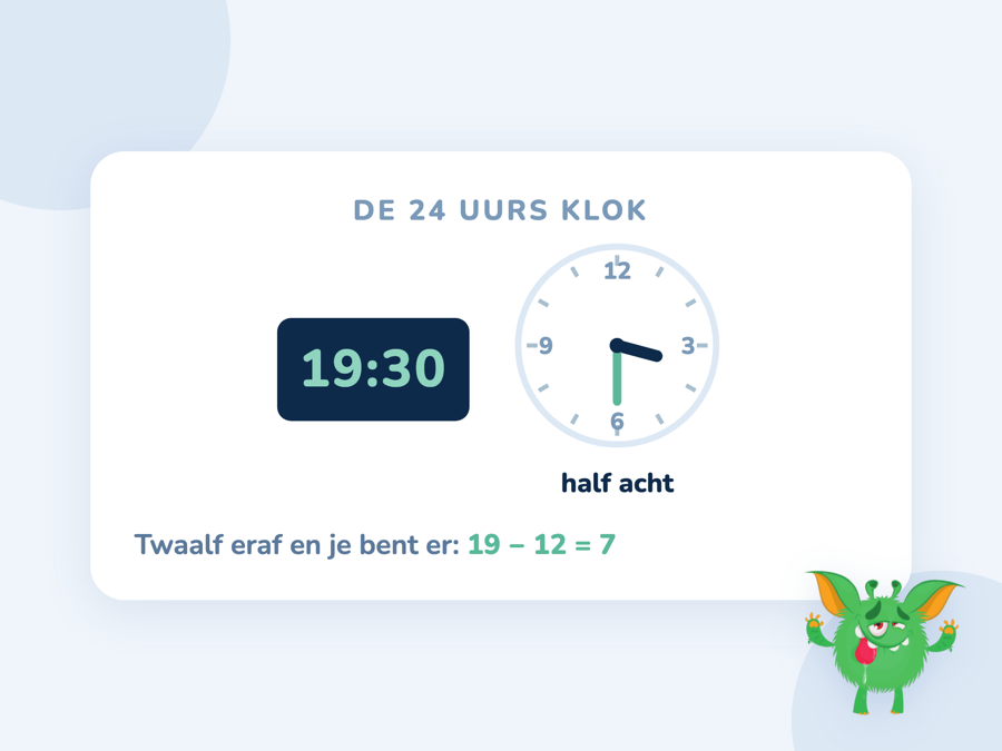 De tijd 19:30 met daaronder de omrekening naar 7:30 en half acht in de avond