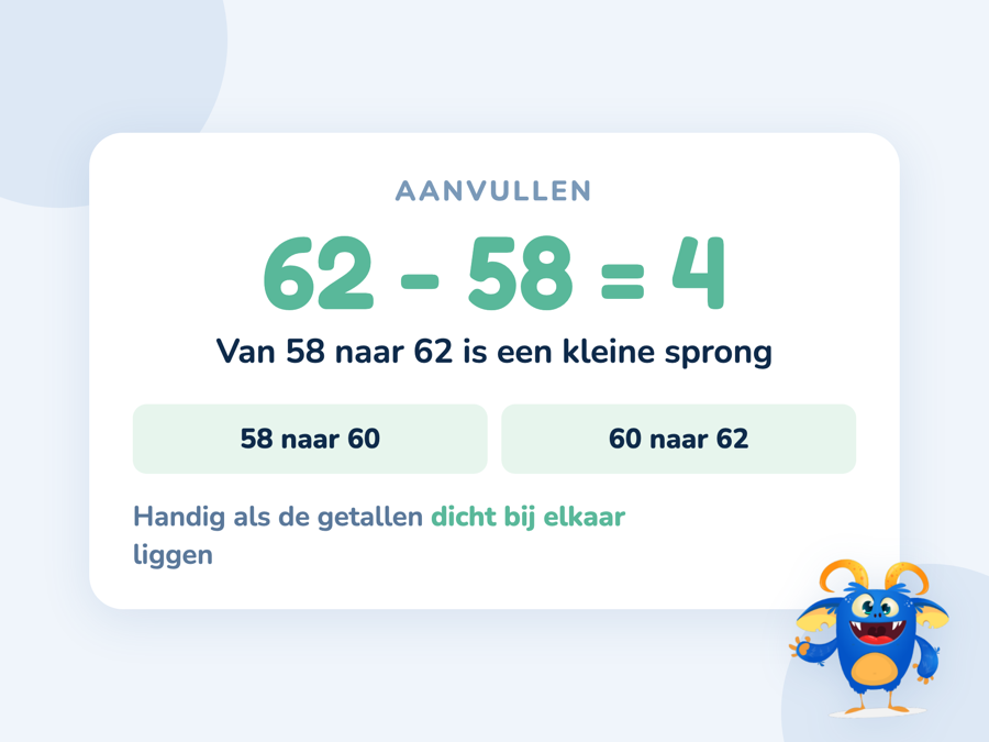 Een kaart met 62 min 58 als sprong van 58 naar 62 op een lege getallenlijn