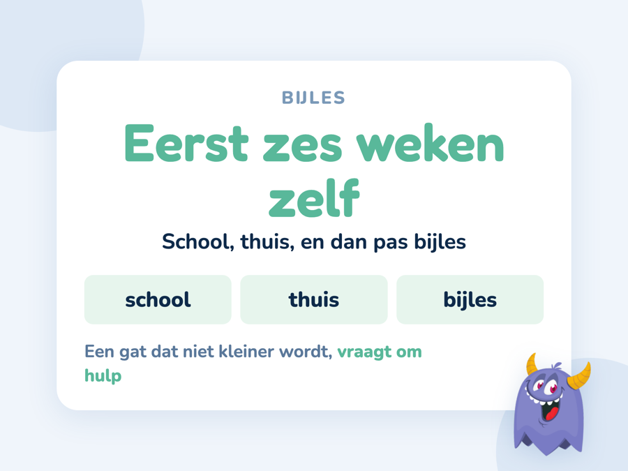 Een kaart met drie stappen voor bijles waarbij school en thuis eerst aan de beurt zijn