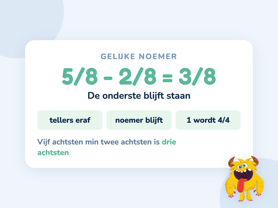 Een kaart met vijf achtsten min twee achtsten is drie achtsten, waarbij de noemer gelijk blijft