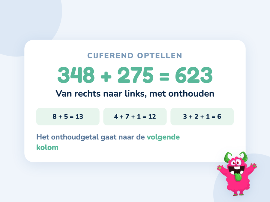 Een kaart met 348 plus 275 is 623 en de drie kolommen los uitgerekend met het onthoudgetal