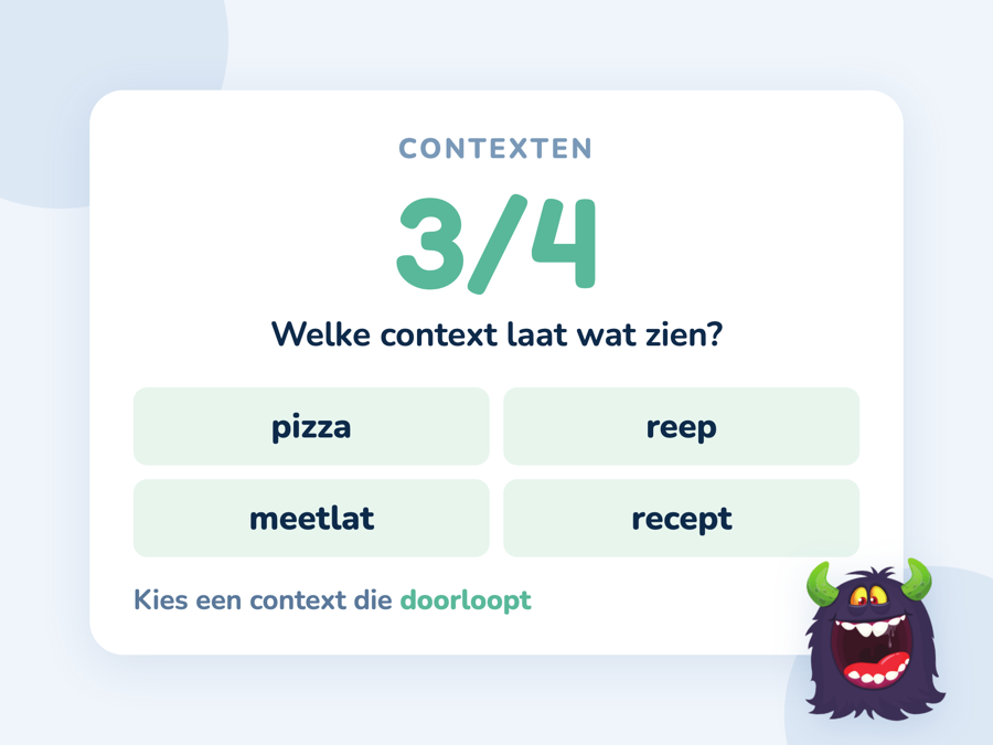 Een kaart met vier contexten bij breuken en wat elke context wel en niet laat zien