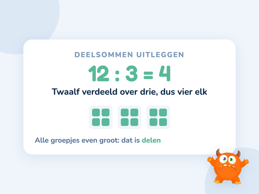 Twaalf blokjes die eerst over drie kinderen worden verdeeld en daarna in groepjes van drie worden opgedeeld