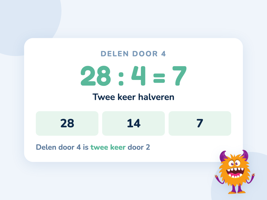 Een kaart met 84 gedeeld door 4 is 21, uitgewerkt als 84 naar 42 naar 21