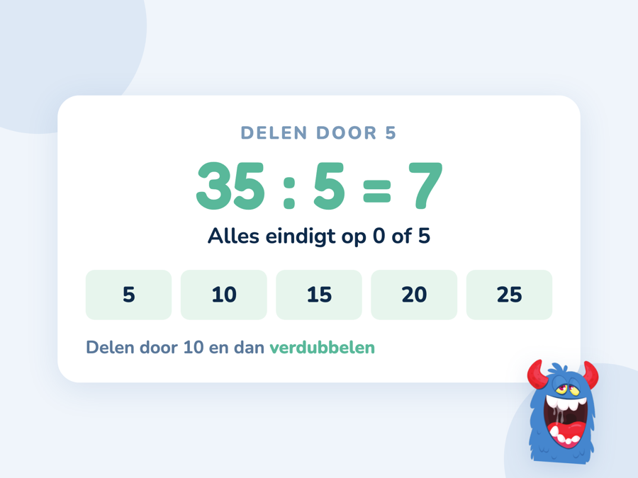 Een kaart met 35 gedeeld door 5 is 7 en de reeks 5, 10, 15, 20 die op 0 of 5 eindigt