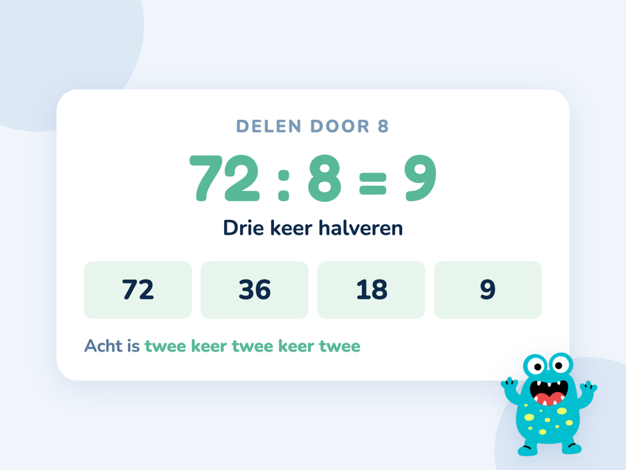 Een kaart met 72 gedeeld door 8 is 9, uitgewerkt als 72 naar 36 naar 18 naar 9