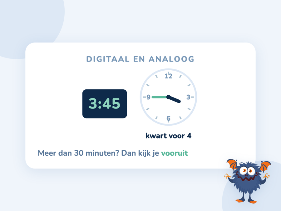 Een digitale tijd van 3:45 naast een wijzerklok die kwart voor 4 aanwijst