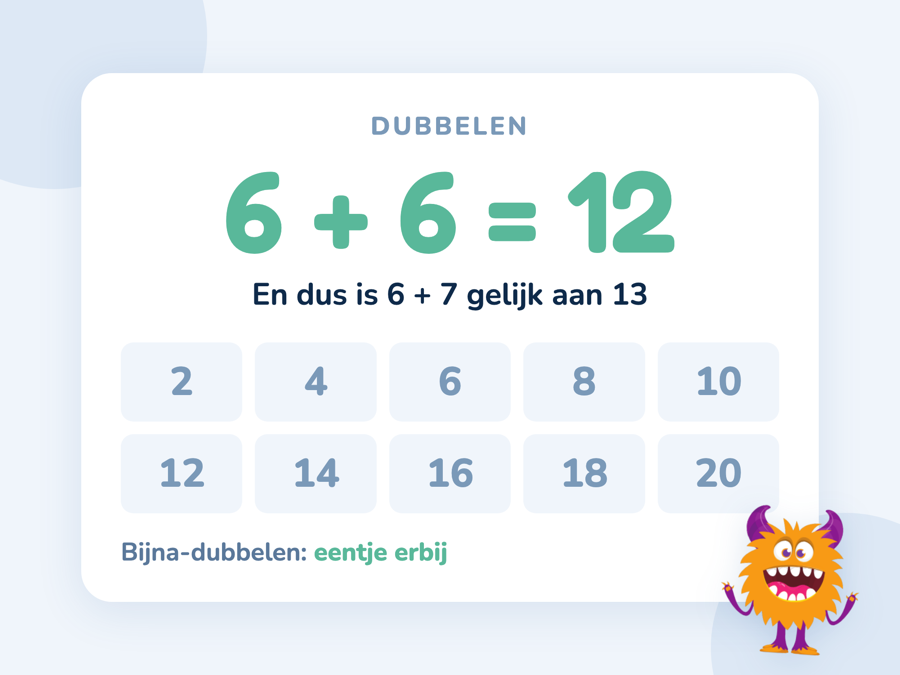 De dubbelsommen van 1 plus 1 tot 10 plus 10 met de uitkomsten eronder