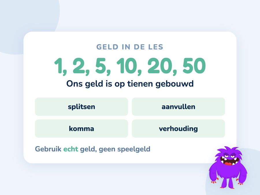 Een kaart met euromunten die de tienstructuur laten zien naast een prijskaartje met komma