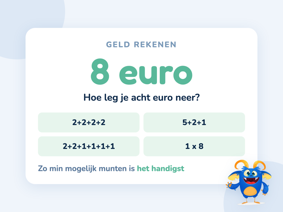 Een kaart met acht euro en vier manieren om dat bedrag met munten neer te leggen
