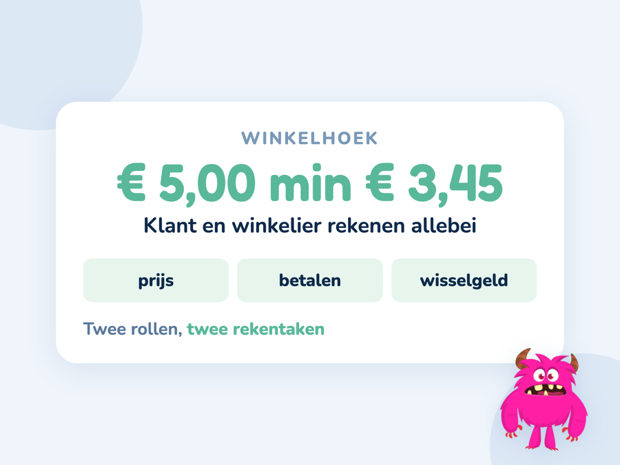 Een kaart met een winkelhoek waarin klant en winkelier allebei een rekentaak hebben