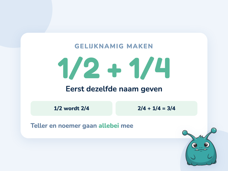 Een kaart waarin een half wordt omgeschreven naar twee kwarten zodat de noemers gelijk zijn