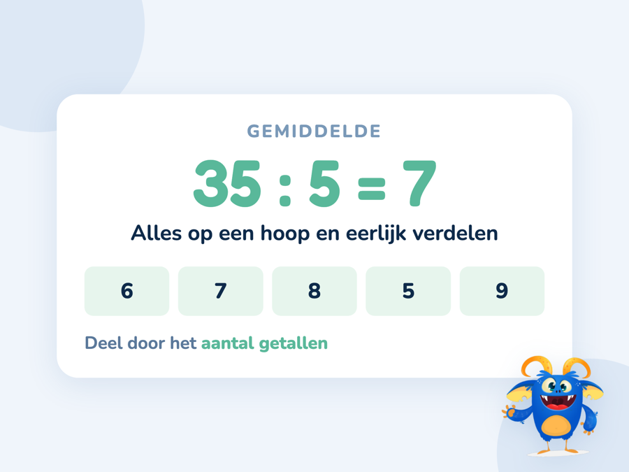 Een kaart met vijf cijfers die worden opgeteld en gedeeld door vijf tot een gemiddelde van 7