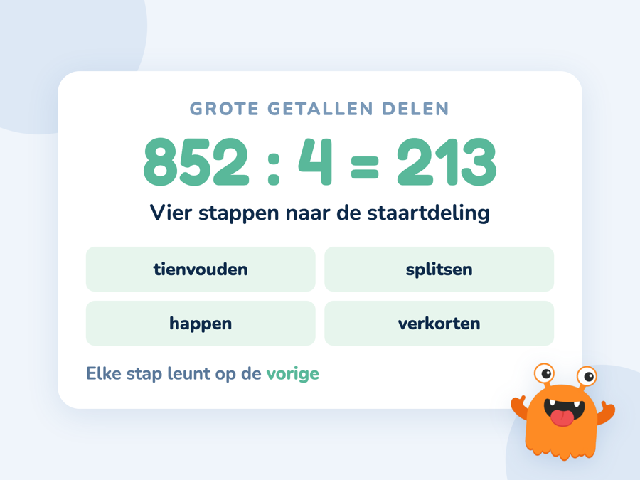 Een kaart met de opbouw van 24 gedeeld door 6 via 240 en 252 naar de staartdeling