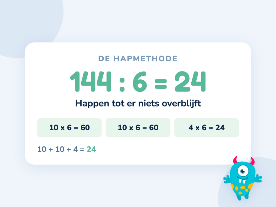 Een kaart met 144 gedeeld door 6 uitgewerkt in happen van 60, 60 en 24