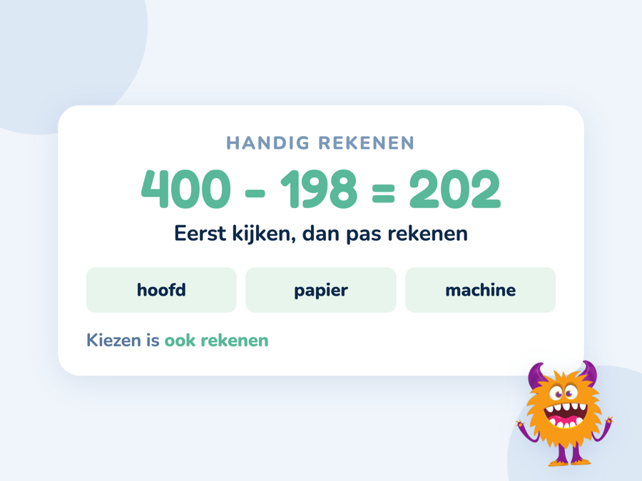 Een kaart met drie sommen en de aanpak die er per som bij past: hoofd, papier of machine