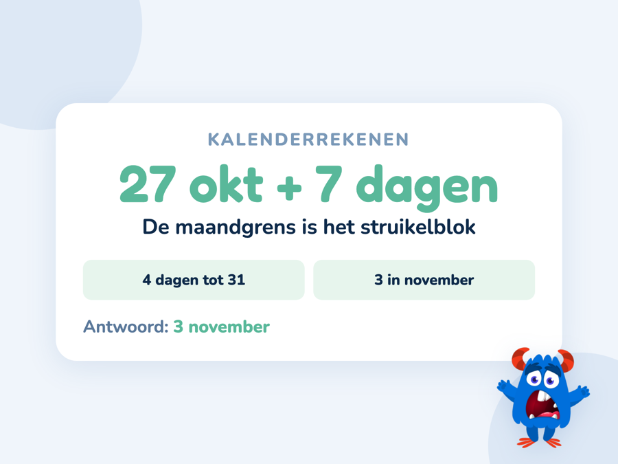 Een kaart met een maandkalender waarop een sprong van 27 oktober naar 3 november is getekend