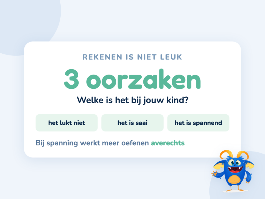 Een kaart met de drie oorzaken van weerzin tegen rekenen en wat er per oorzaak helpt
