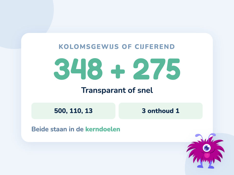 Een kaart met 348 plus 275 kolomsgewijs uitgewerkt naast dezelfde som cijferend onder elkaar