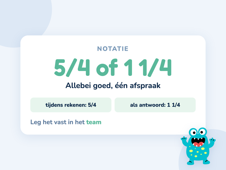 Een kaart met 5/4 en 1 1/4 naast elkaar als twee correcte schrijfwijzen van hetzelfde getal