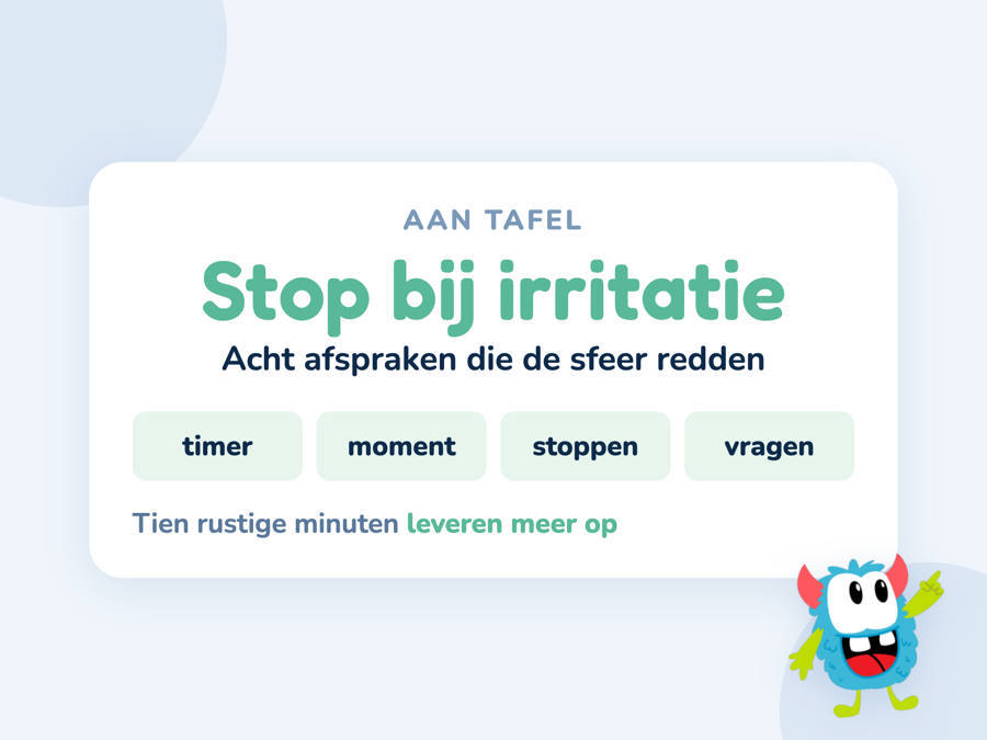 Een kaart met acht afspraken voor het oefenen aan de keukentafel onder elkaar