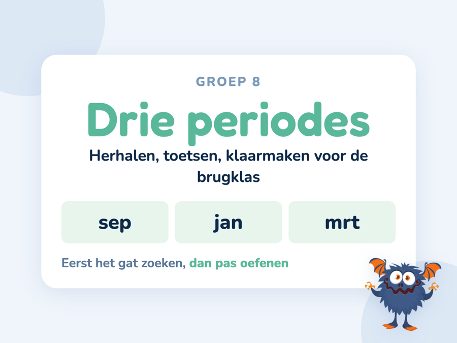 Een kaart met drie periodes in groep 8 en het accent van het oefenen per periode