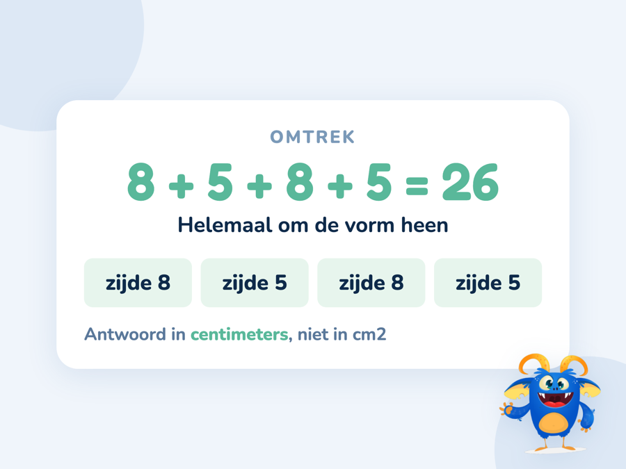 Een kaart met een rechthoek van 8 bij 5 waarvan alle vier de zijden bij elkaar worden opgeteld