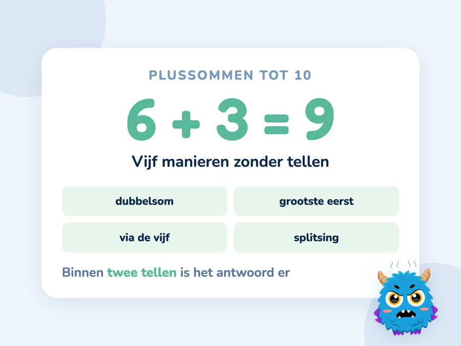 Een kaart met 6 plus 3 is 9 en de vijf manieren om daar te komen zonder te tellen