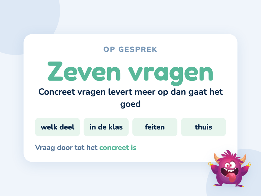 Een kaart met zeven vragen voor het rapportgesprek onder elkaar met ruimte voor antwoorden