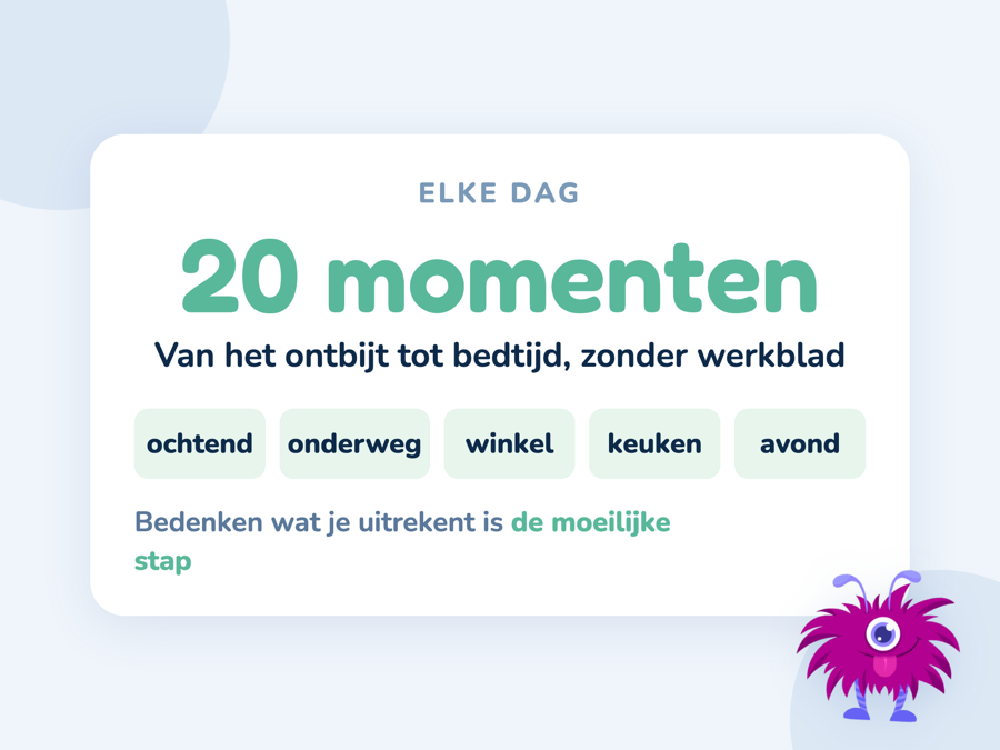 Een kaart met een dagindeling waarin bij elk moment een rekenvraag hoort