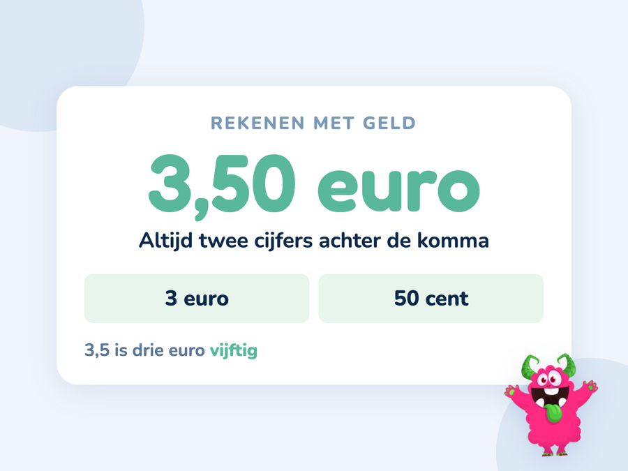 Een kaart met 3,50 euro uitgesplitst in drie euro en vijftig cent met de komma ertussen