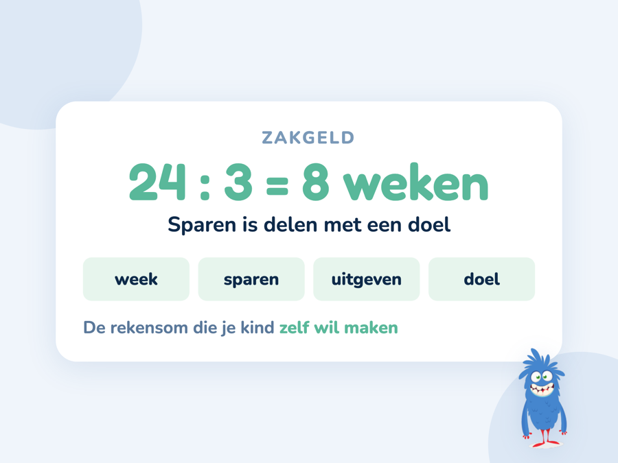 Een kaart met een spaardoel van 24 euro en drie euro per week, dus acht weken