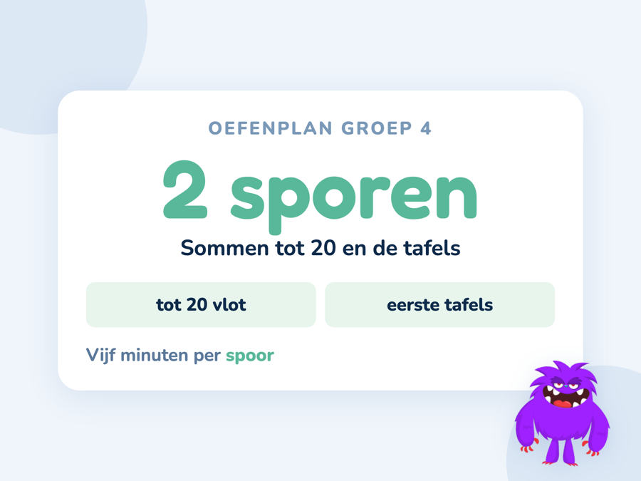 Een kaart met de twee sporen van groep 4: sommen tot 20 vlot krijgen en de eerste tafels