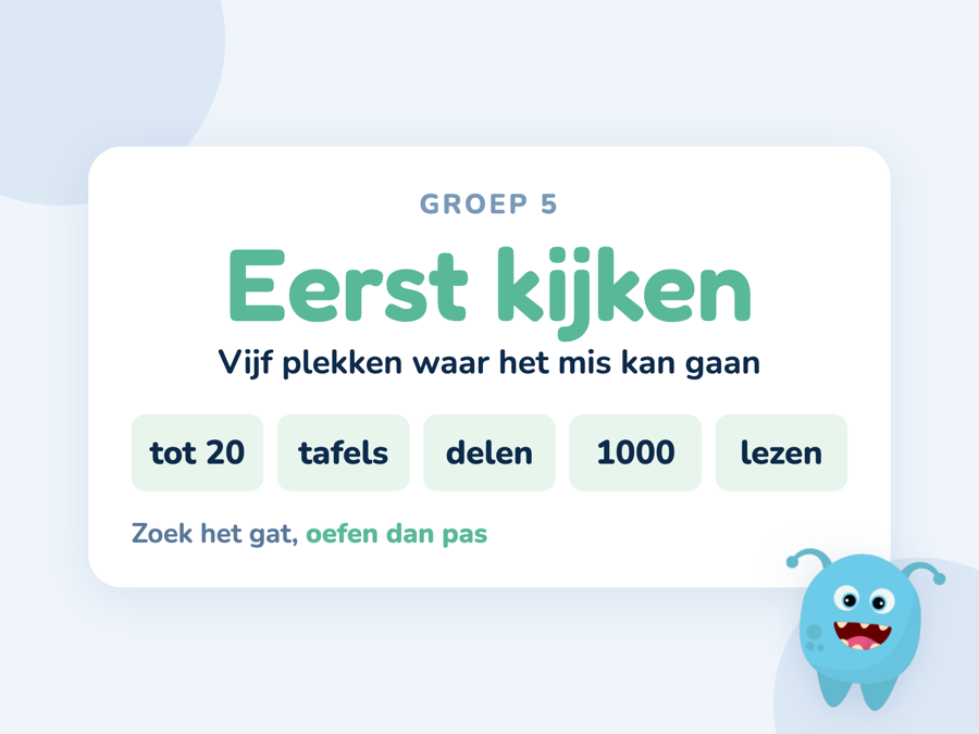 Een kaart met vijf mogelijke oorzaken van rekenproblemen onder elkaar met een pijl naar de aanpak