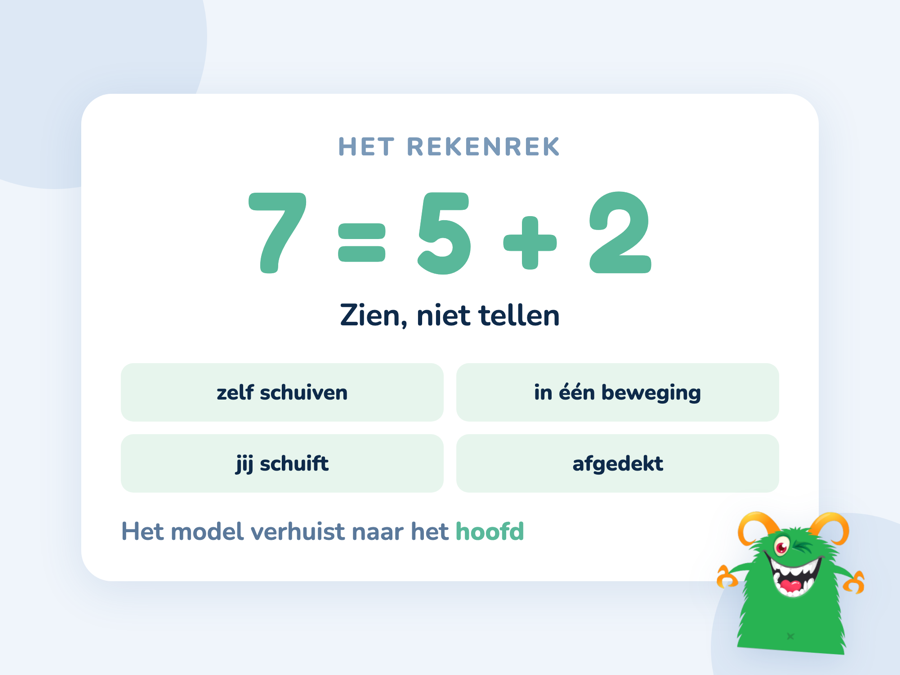 Een kaart met een rekenrek waarop zeven kralen in één beweging zijn geschoven: vijf rode en twee witte