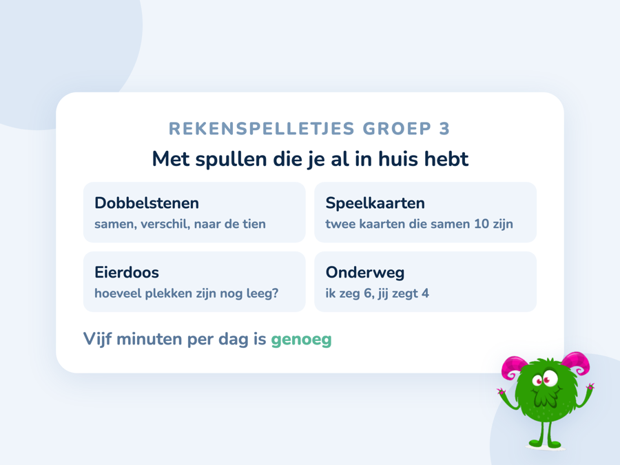 Vier rekenspelletjes met huis-tuin-en-keukenspullen: dobbelstenen, speelkaarten, een eierdoos en knopen