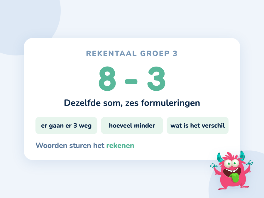 Een kaart met verschillende manieren om dezelfde aftreksom in woorden te stellen