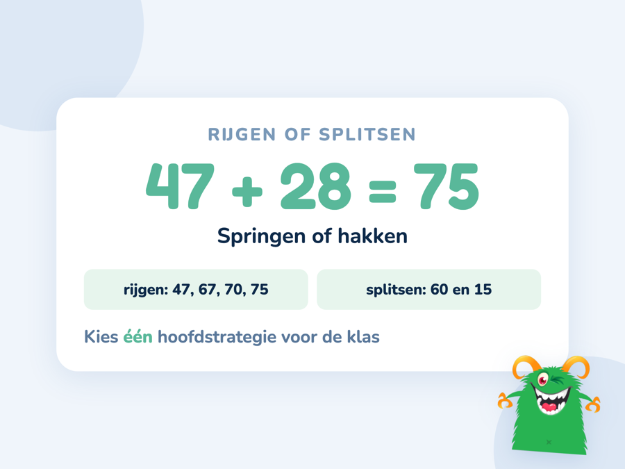 Een kaart met 47 plus 28 uitgewerkt via rijgen op een getallenlijn en via splitsen in tientallen