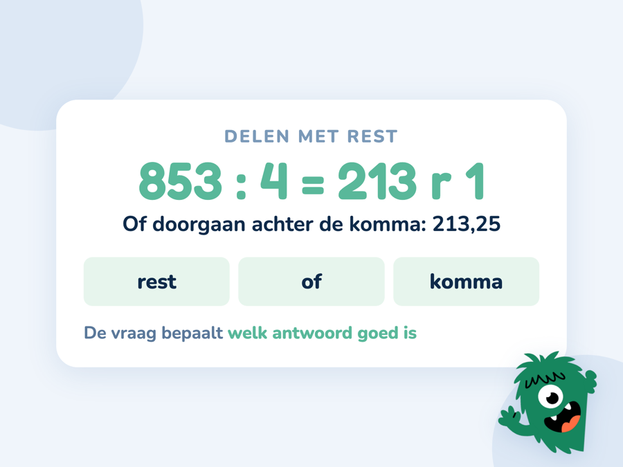Een kaart met 853 gedeeld door 4 als 213 rest 1 en als 213,25 naast elkaar