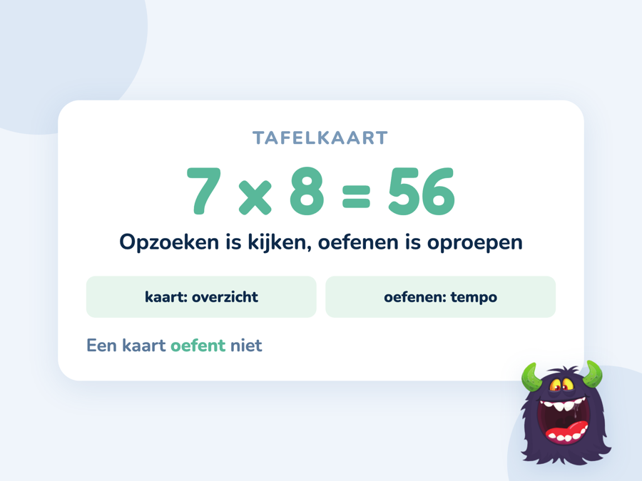 Een kaart met de som 7 keer 8 is 56 en het verschil tussen een tafelkaart en zelf oefenen