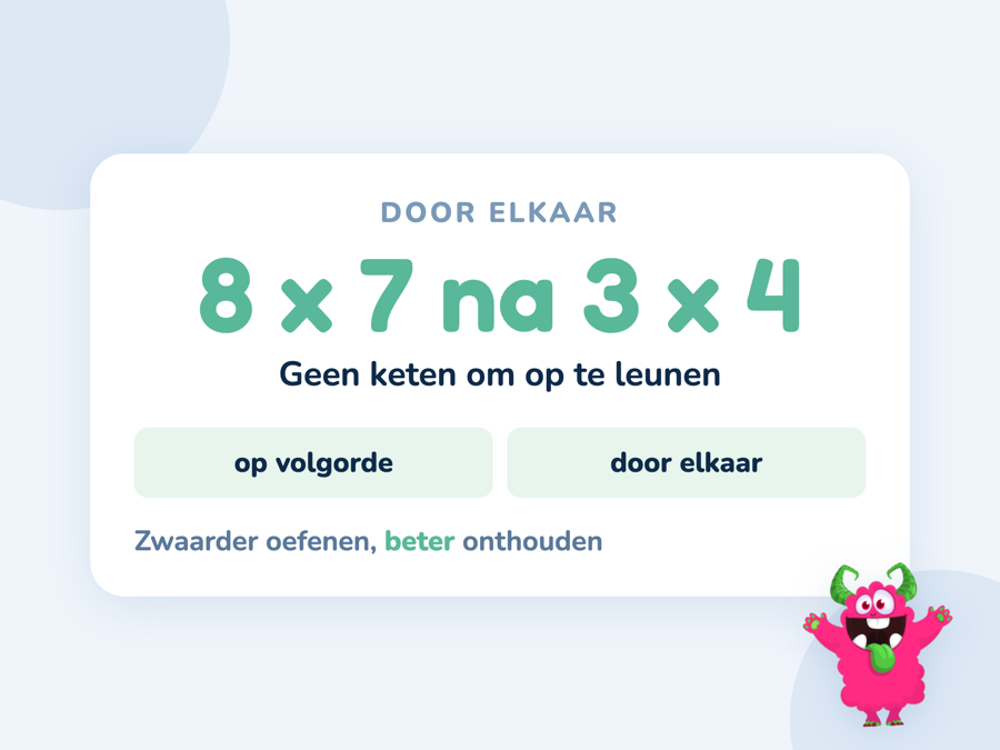 Een kaart met een rijtje op volgorde naast een set sommen door elkaar uit verschillende tafels
