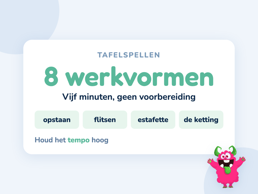 Een kaart met acht tafelspellen voor in de klas en de tijd die elk spel kost