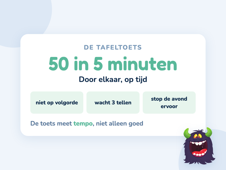 Een kaart met een tafeltoets waarop sommen door elkaar staan en een klok die de tijd bewaakt