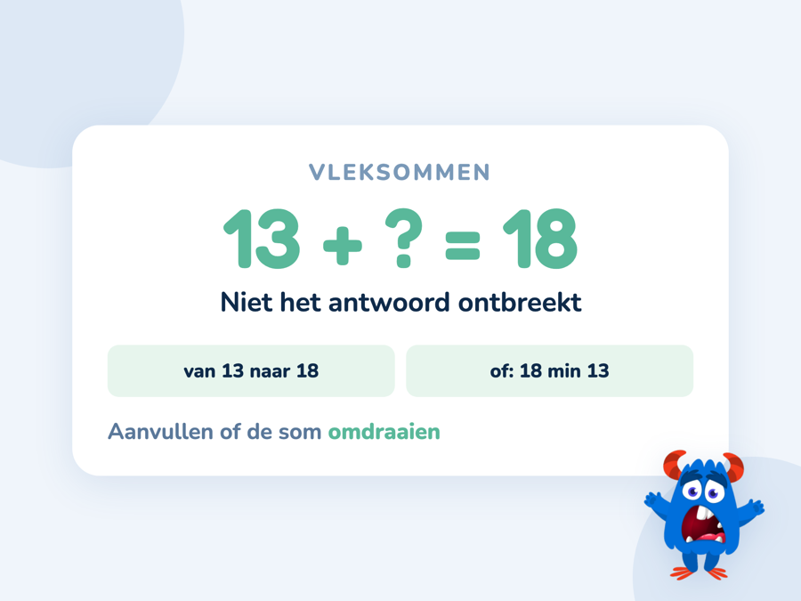 Een kaart met 13 plus een leeg vakje is 18 en de twee manieren om het ontbrekende getal te vinden