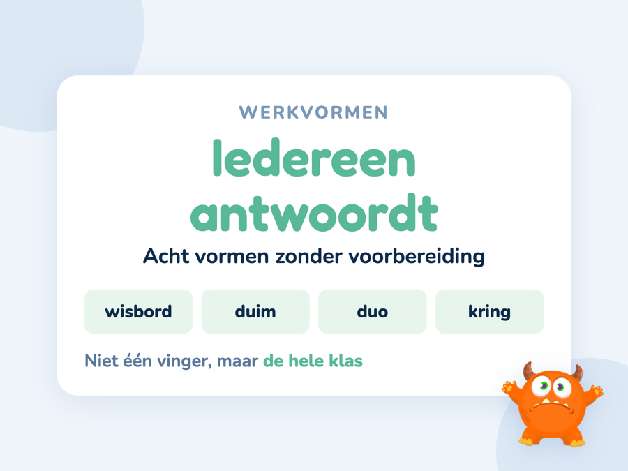 Een kaart met acht werkvormen waarbij de hele klas tegelijk antwoordt
