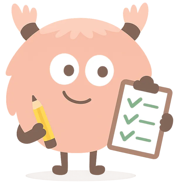 Flip, de mascotte van Rekendiploma, met een potlood en een werkblad waarop alles is afgevinkt